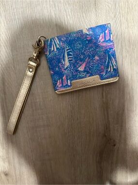Lilly Pulitzer Blue & Pink Sailboat Wristlet Card Holder with Gold Trim